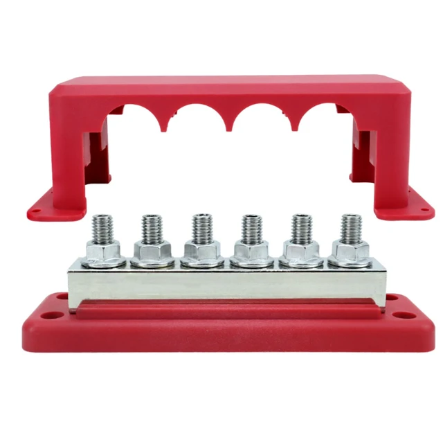 Alt view image 2 of 7 - 600A Heavy Duty Power Distribution Block with Cover 5 x 3/8" (M10) Studs Bus Bar Terminal Block, High Current Busbar 12-48V DC Busbar Box for Automotive RV Boat, RED black