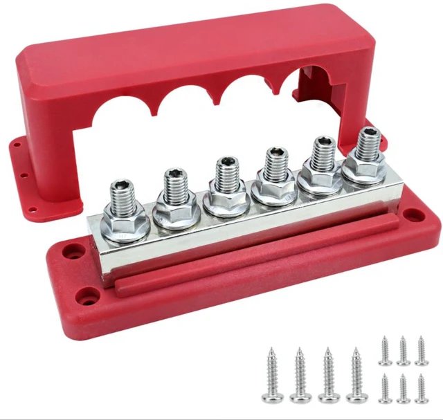 Main image of 600A Heavy Duty Power Distribution Block with Cover 5 x 3/8" (M10) Studs Bus Bar Terminal Block, High Current Busbar 12-48V DC Busbar Box for Automotive RV Boat, RED