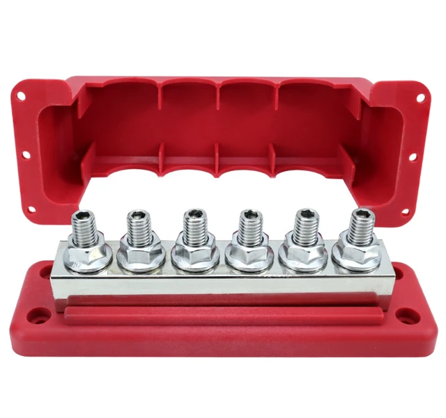 Alt view image 3 of 7 - 600A Heavy Duty Power Distribution Block with Cover 5 x 3/8" (M10) Studs Bus Bar Terminal Block, High Current Busbar 12-48V DC Busbar Box for Automotive RV Boat, RED black
