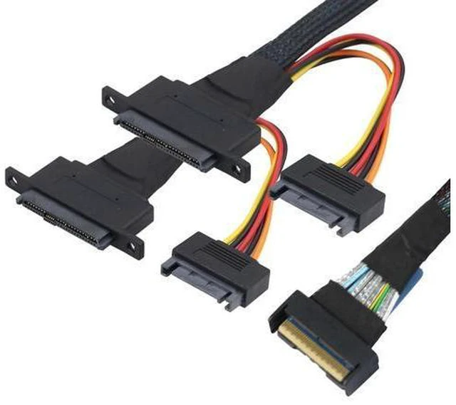 Alt view image 2 of 6 - VoltSync PCIe 5.0 Slimline MCIO 8i 74P to Dual SFF-8639 Cable with 15-Pin Power Connectors \u2013 High-Speed 32Gbps Server Data Cable Compatible with U.2 SSDs and Storage Systems (1m/39.37in)