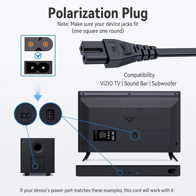 Alt view image 5 of 6 - 2 Prong Polarized Power Cord for Vizio TV Soundbar Replacement 10 Ft