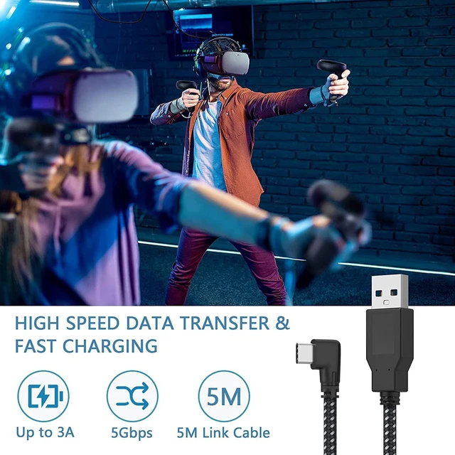 Alt view image 5 of 7 - 20ft / 6M Nylon Braided VR Link Cable for Oculus Quest 2 and PC/Steam VR Quest VR Headset, Right-Angled 90 Degree USB A to USB C 5Gbps High Speed Data Transfer Charging Cord for Gaming PC ( A to C 6M)