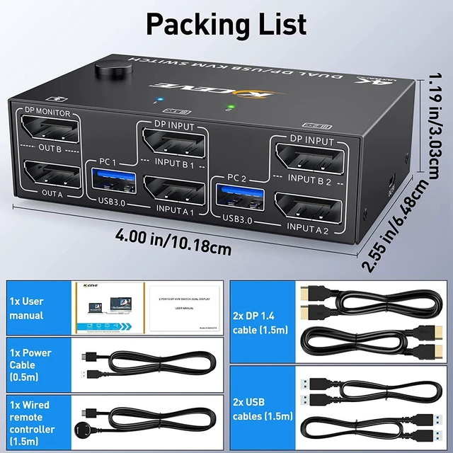 Alt view image 5 of 6 - 2 Ports Dual Monitor DisplayPort KVM Switch 8K @30Hz 4K @60Hz 2 in 2 Out, DP 1.4 KVM Switch and 4 USB 3.0 for 2 Computers, Backward Compatible DP1.2 with DP+USB Cables and Wired Controller included