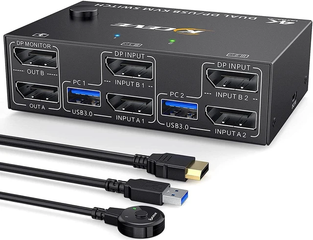 Main image of 2 Ports Dual Monitor DisplayPort KVM Switch 8K @30Hz 4K @60Hz 2 in 2 Out, DP 1.4 KVM Switch and 4 USB 3.0 for 2 Computers, Backward Compatible DP1.2 with DP+USB Cables and Wired Controller included