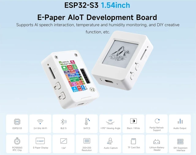 Alt view image 2 of 5 - ESP32-S3 1.54inch e-Paper AIoT Development Board, 200 x 200, Black/White, Supports Wi-Fi and Bluetooth Dual-Mode Communication,Supports AI Speech Interaction, DIY Creative Function, etc.