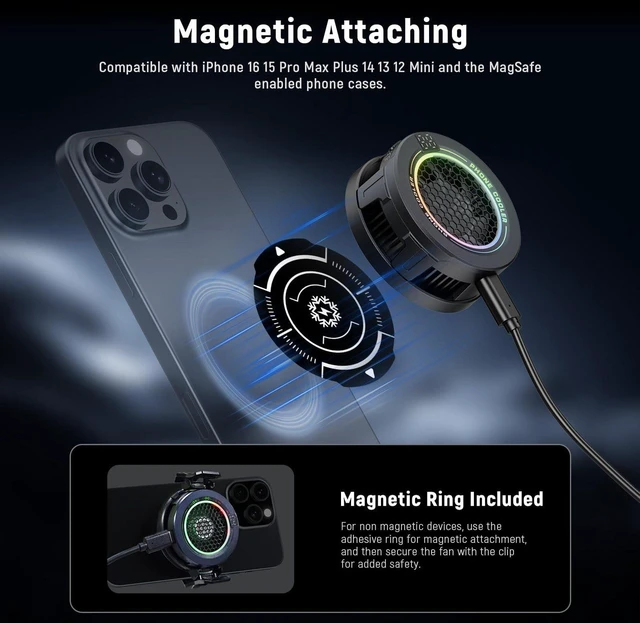 Alt view image 4 of 6 - Basics Magnetic Phone Cooler, Low Noise USB Cooling Fan with Smart Temp Control, RGB Light, Magnetic Ring & Clip Compatible with iPhone 15 16 Pro Max MagSafe Samsung iPad for Gaming, PA069