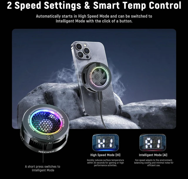 Alt view image 5 of 6 - Basics Magnetic Phone Cooler, Low Noise USB Cooling Fan with Smart Temp Control, RGB Light, Magnetic Ring & Clip Compatible with iPhone 15 16 Pro Max MagSafe Samsung iPad for Gaming, PA069