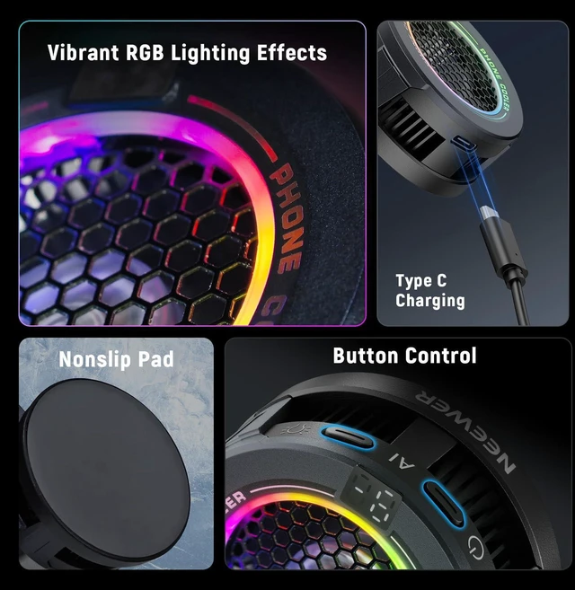 Alt view image 2 of 6 - Basics Magnetic Phone Cooler, Low Noise USB Cooling Fan with Smart Temp Control, RGB Light, Magnetic Ring & Clip Compatible with iPhone 15 16 Pro Max MagSafe Samsung iPad for Gaming, PA069