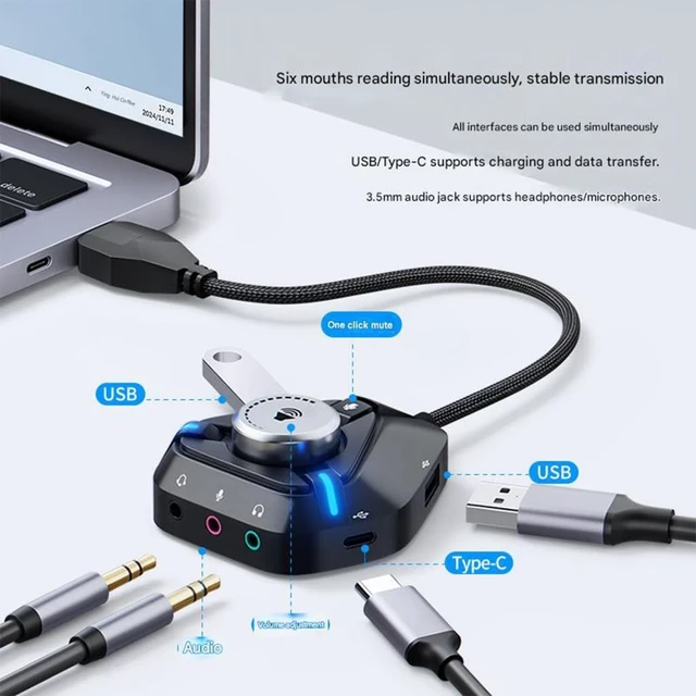 Alt view image 5 of 7 - External Sound Card USB Adapter Sound Card with 3x3.5mm 2xUSB 1xType C