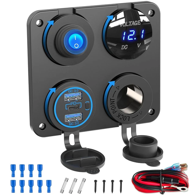 Main image of 12V USB Outlet 4 in 1 Marine Socket Panel, 66W Multi USB Power Fast Charger