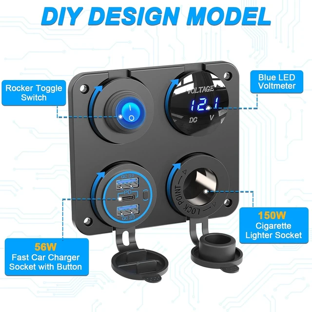 Alt view image 2 of 7 - 12V USB Outlet 4 in 1 Marine Socket Panel, 66W Multi USB Power Fast Charger