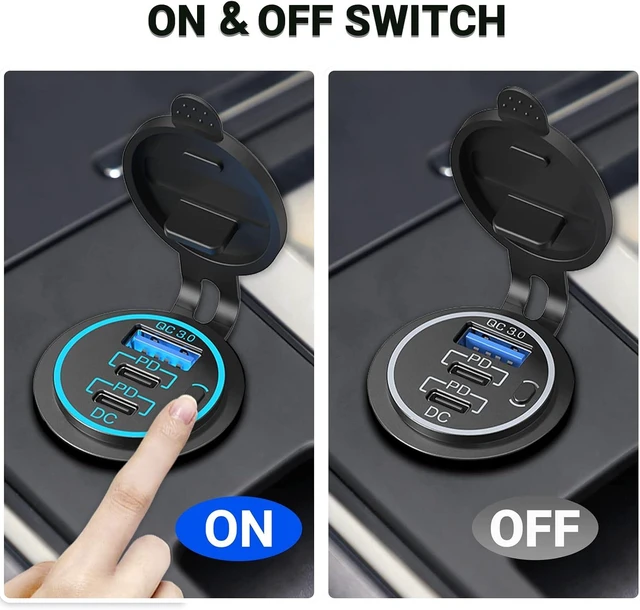 Alt view image 3 of 7 - USB C Car Charger Socket 12V USB Outlet 2 Pack,78W RV USB Outlet Dual 24W PD USB-C and 18W QC3.0 Car USB Port with Button Switch Waterproof for Car RV Boat Marine Truck Motorcycle ect