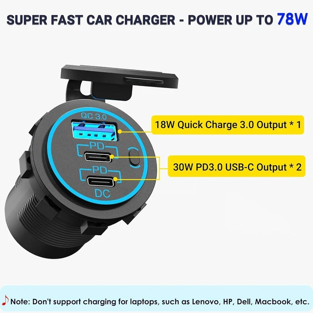 Alt view image 2 of 7 - USB C Car Charger Socket 12V USB Outlet 2 Pack,78W RV USB Outlet Dual 24W PD USB-C and 18W QC3.0 Car USB Port with Button Switch Waterproof for Car RV Boat Marine Truck Motorcycle ect