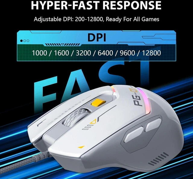 Alt view image 7 of 7 - Wired Computer Gaming Mouse Ergonomic, 12800 DPI High-Precision, 6 Programmable Buttons, RGB Backlit for Gaming - White Gray