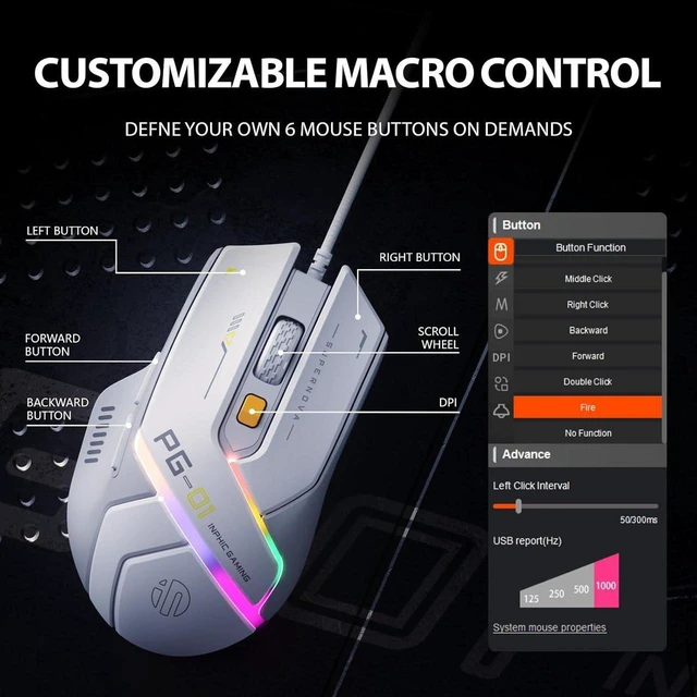 Alt view image 3 of 7 - Wired Computer Gaming Mouse Ergonomic, 12800 DPI High-Precision, 6 Programmable Buttons, RGB Backlit for Gaming - White Gray