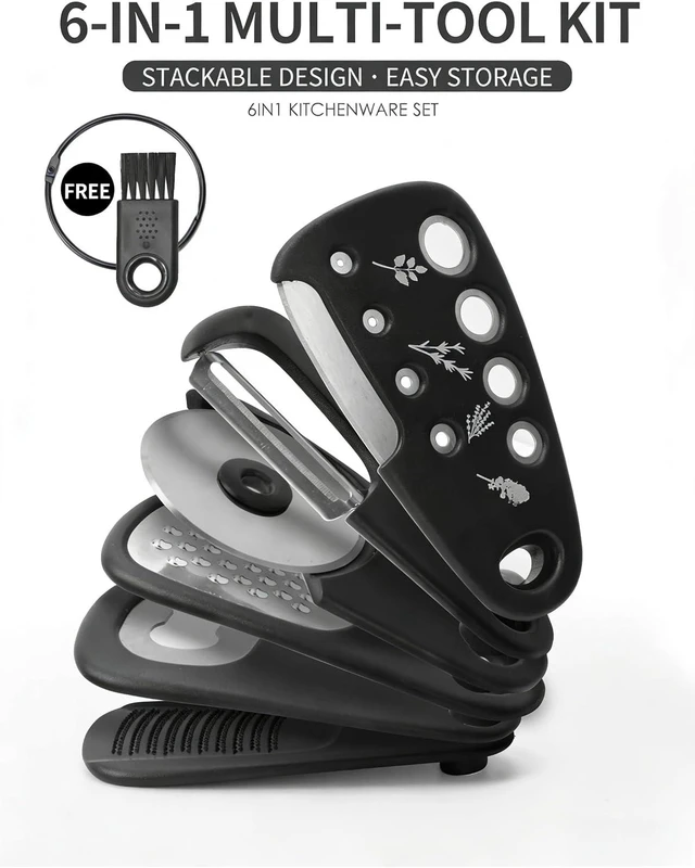 Main image of 6-in-1 Multifunctional Kitchen Gadget Set, Stackable Portable Kitchen Tools with Non-Slip Grip, Rust-Resistant Blade for Herb Cutting, Cheese Grating, Peeling, Camping & RV Cooking (black)