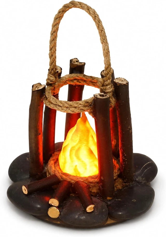 Main image of Fake Campfire Lamp with LED Flame Effect - Portable Campfire Night Light with Rope Handle, Faux Wood Log Design Fire Light for Indoor Outdoor Bedroom Camping Decor