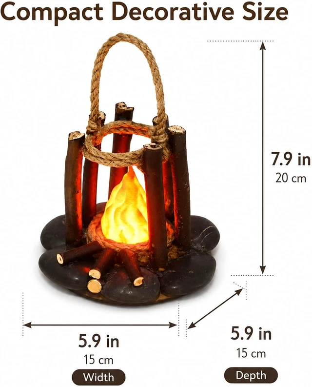 Alt view image 4 of 7 - Fake Campfire Lamp with LED Flame Effect - Portable Campfire Night Light with Rope Handle, Faux Wood Log Design Fire Light for Indoor Outdoor Bedroom Camping Decor