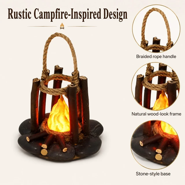 Alt view image 5 of 7 - Fake Campfire Lamp with LED Flame Effect - Portable Campfire Night Light with Rope Handle, Faux Wood Log Design Fire Light for Indoor Outdoor Bedroom Camping Decor