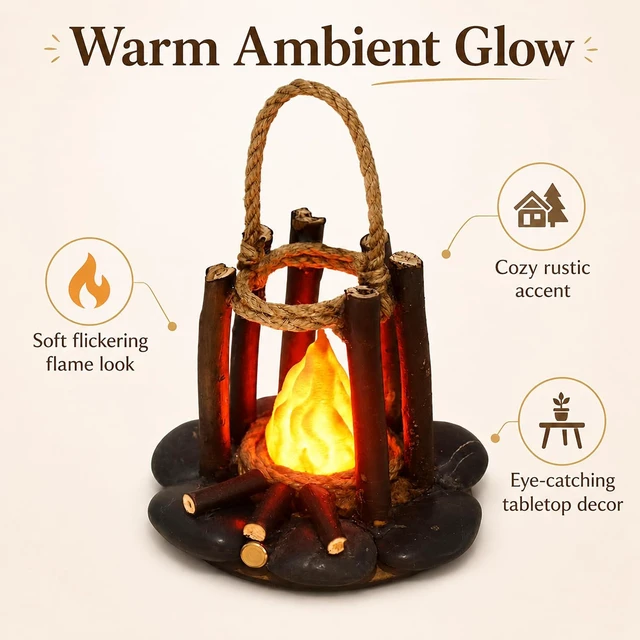 Alt view image 2 of 7 - Fake Campfire Lamp with LED Flame Effect - Portable Campfire Night Light with Rope Handle, Faux Wood Log Design Fire Light for Indoor Outdoor Bedroom Camping Decor
