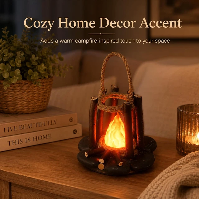 Alt view image 7 of 7 - Fake Campfire Lamp with LED Flame Effect - Portable Campfire Night Light with Rope Handle, Faux Wood Log Design Fire Light for Indoor Outdoor Bedroom Camping Decor