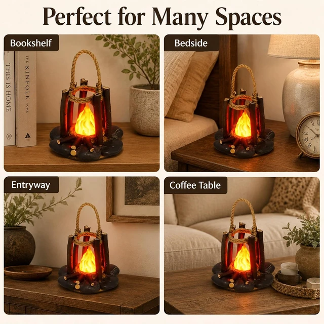 Alt view image 3 of 7 - Fake Campfire Lamp with LED Flame Effect - Portable Campfire Night Light with Rope Handle, Faux Wood Log Design Fire Light for Indoor Outdoor Bedroom Camping Decor