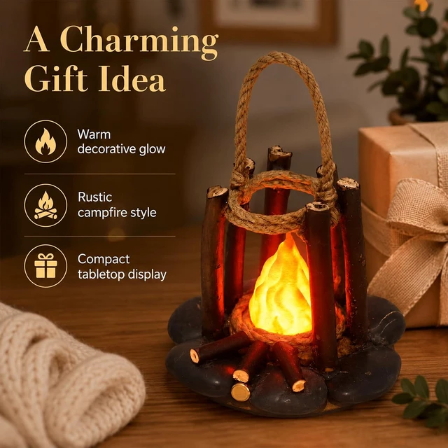 Alt view image 6 of 7 - Fake Campfire Lamp with LED Flame Effect - Portable Campfire Night Light with Rope Handle, Faux Wood Log Design Fire Light for Indoor Outdoor Bedroom Camping Decor