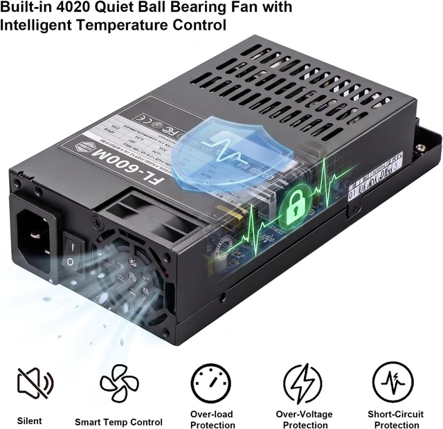 Alt view image 2 of 6 - 600W Flex ATX PSU,1U Mini ITX Fully Modular Power Supplywith Ultra Quiet Silent Fan, Active PFC Full Range 90-264V AC-DC Converter for SFF PC, Server, POS, NAS, Mini ITX PC
