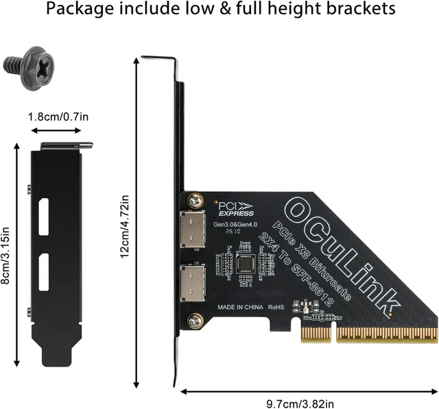 Alt view image 4 of 5 - OCuLink PCIe Card, PCIe x8 Bifurcation into 2× PCIe x4 OCuLinkPCIe X8 128Gbps to X4 X4 64Gbps, SFF-8611 SFF-8612 External Graphics Card Adapter for GPU Dock, eGPU