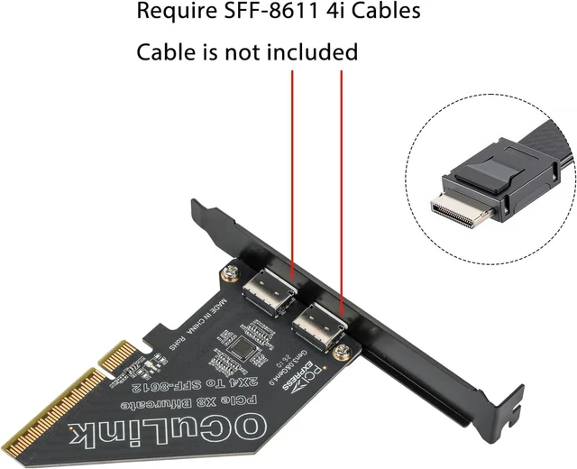 Alt view image 2 of 5 - OCuLink PCIe Card, PCIe x8 Bifurcation into 2× PCIe x4 OCuLinkPCIe X8 128Gbps to X4 X4 64Gbps, SFF-8611 SFF-8612 External Graphics Card Adapter for GPU Dock, eGPU