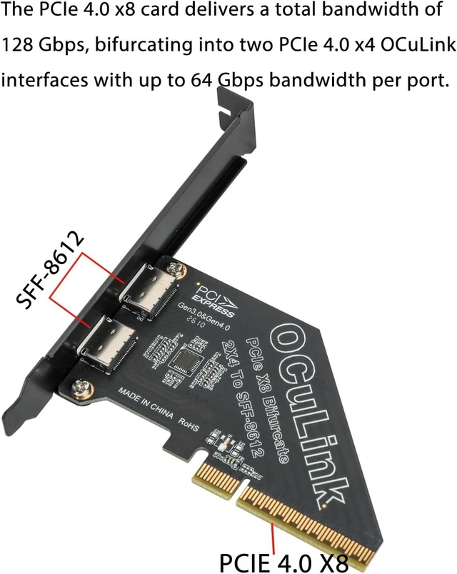Alt view image 3 of 5 - OCuLink PCIe Card, PCIe x8 Bifurcation into 2× PCIe x4 OCuLinkPCIe X8 128Gbps to X4 X4 64Gbps, SFF-8611 SFF-8612 External Graphics Card Adapter for GPU Dock, eGPU