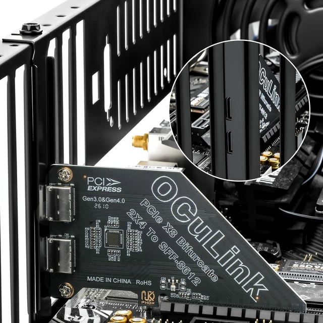 Alt view image 5 of 5 - OCuLink PCIe Card, PCIe x8 Bifurcation into 2× PCIe x4 OCuLinkPCIe X8 128Gbps to X4 X4 64Gbps, SFF-8611 SFF-8612 External Graphics Card Adapter for GPU Dock, eGPU