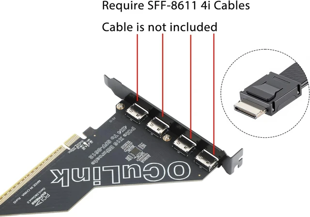 Alt view image 3 of 5 - OCuLink PCIe Card, PCIe x16 Bifurcation into 4× PCIe x4 OCuLinkPCIe X16 256Gbps to X4 X4 X4 X4 64Gbps, SFF-8611 SFF-8612 External Graphics Card Adapter for GPU Dock, eGPU