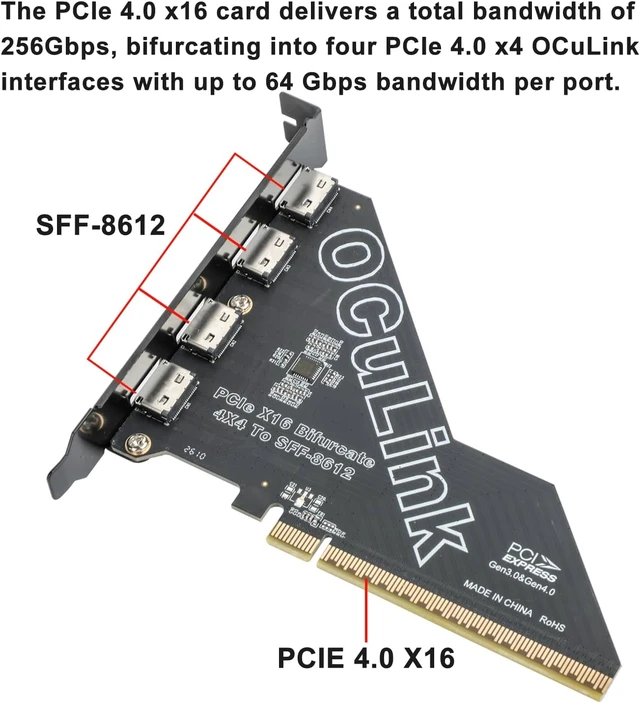 Alt view image 4 of 5 - OCuLink PCIe Card, PCIe x16 Bifurcation into 4× PCIe x4 OCuLinkPCIe X16 256Gbps to X4 X4 X4 X4 64Gbps, SFF-8611 SFF-8612 External Graphics Card Adapter for GPU Dock, eGPU