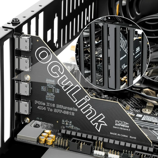 Alt view image 5 of 5 - OCuLink PCIe Card, PCIe x16 Bifurcation into 4× PCIe x4 OCuLinkPCIe X16 256Gbps to X4 X4 X4 X4 64Gbps, SFF-8611 SFF-8612 External Graphics Card Adapter for GPU Dock, eGPU