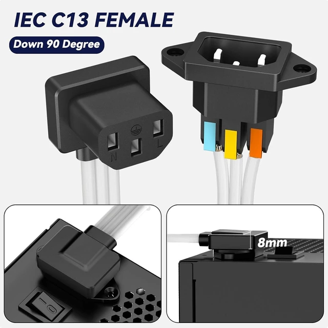 Alt view image 2 of 6 - Down 90 Degree IEC C13 to C14 Power Cord for PSU Extension, 2ft (60cm)
16AWG 10A, PTFE Jacket, Detachable C14 Panel Mount, C14 Male to C13 Female Power Extension Cable for Computer Power Supply