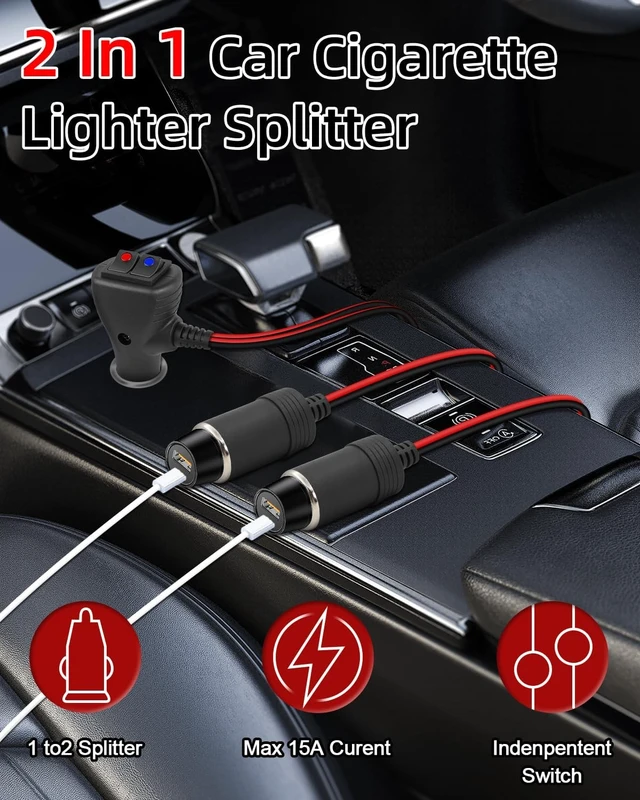 Alt view image 6 of 7 - 1 to 2 Car Cigarette Lighter Splitter, 2-Socket Car Cigarette Lighter Adapter with Dual Independent Switches, 12V 24V Cigarette Lighter Extension Plug Cord with 15A Fuse