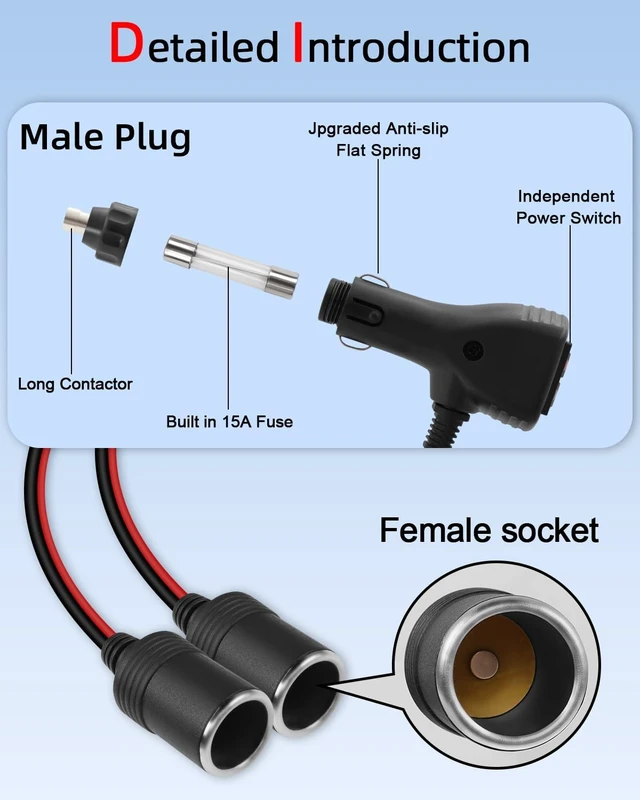 Alt view image 7 of 7 - 1 to 2 Car Cigarette Lighter Splitter, 2-Socket Car Cigarette Lighter Adapter with Dual Independent Switches, 12V 24V Cigarette Lighter Extension Plug Cord with 15A Fuse