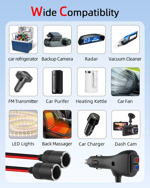 Alt view image 5 of 7 - 1 to 2 Car Cigarette Lighter Splitter, 2-Socket Car Cigarette Lighter Adapter with Dual Independent Switches, 12V 24V Cigarette Lighter Extension Plug Cord with 15A Fuse