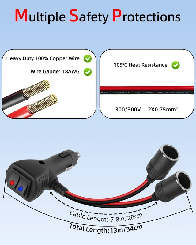 Alt view image 2 of 7 - 1 to 2 Car Cigarette Lighter Splitter, 2-Socket Car Cigarette Lighter Adapter with Dual Independent Switches, 12V 24V Cigarette Lighter Extension Plug Cord with 15A Fuse