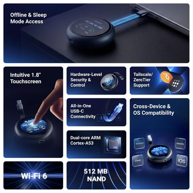 Alt view image 2 of 6 - Comet Q (GL-RMQ1) Pocket KVM, Plug & Play Remote for Laptop iPhoneNo app on target, browser based control, USB-C one cable, Wi-Fi 6, touchscreen, pocket size, for remote family tech support