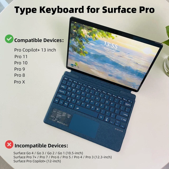 Alt view image 2 of 5 - Keyboard for Microsoft Surface Pro Copilot+ (11th Edition) / Pro 11 / Pro 10/9 / 8 / X, 13 inch, Detachable Type Cover with Touchpad, 7-Color Backlit & Pen Holder (Blue)