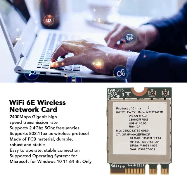 Alt view image 3 of 7 - MT7922 Wi-Fi 6E Network Card2400Mbps 2.4G 5G 802.11AX M.2 NGFF Bluetooth 5.2 MU MiMO Network Card Adapter