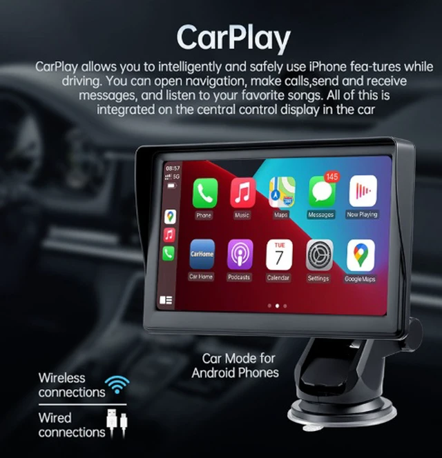 Alt view image 4 of 7 - Portable 7-inch in-vehicle smart projection screen with wireless Carplay, rearview camera, Bluetooth and high-definition display for cars.