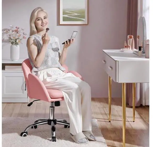 Alt view image 2 of 7 - Yaheetech Cute Petal Desk Chair Home Office Chair Swivel Upholstered Leather Desk Chair Makeup Vanity Chair with Armrests for Bedroom Modern Computer Rolling Chair for Women Simple Pink