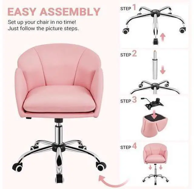 Alt view image 7 of 7 - Yaheetech Cute Petal Desk Chair Home Office Chair Swivel Upholstered Leather Desk Chair Makeup Vanity Chair with Armrests for Bedroom Modern Computer Rolling Chair for Women Simple Pink