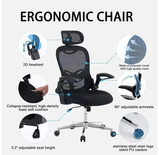 Alt view image 5 of 7 - Office Chair, Ergonomic Breathable Mesh,Flip-Up Arms and Adjustable High Back Lumbar Support,Comfy Computer Chair for Home Office (Black, 407)