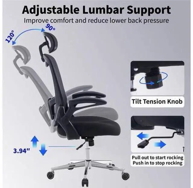Alt view image 7 of 7 - Office Chair, Ergonomic Breathable Mesh,Flip-Up Arms and Adjustable High Back Lumbar Support,Comfy Computer Chair for Home Office (Black, 407)
