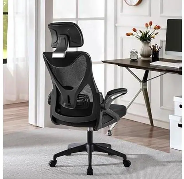 Alt view image 2 of 5 - Yaheetech Ergonomic Office Chair, High Back Desk Chair with Headrest and Flip-up Armrest Lumbar Support for Home Office Meeting Room Study, Black