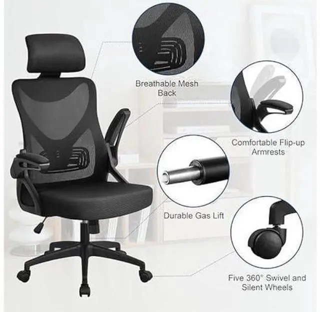 Alt view image 4 of 5 - Yaheetech Ergonomic Office Chair, High Back Desk Chair with Headrest and Flip-up Armrest Lumbar Support for Home Office Meeting Room Study, Black